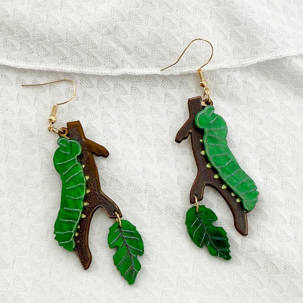 Caterpillar with Leaf Wooden Dangle Earrings, Caterpillar Earrings, Bug Earrings